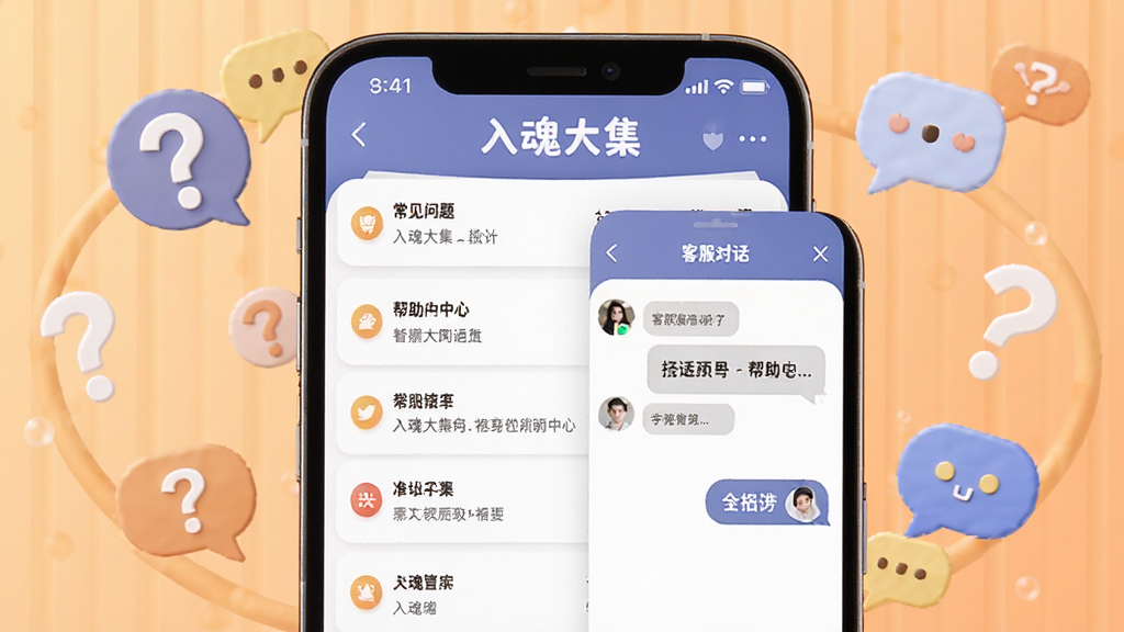 入魂大集APP问答与帮助中心界面示意图,画面展示手机屏幕上的常见问题列表和客服对话窗口,屏幕周围环绕着问号图标和对话气泡,背景为浅橙色渐变,风格友好亲切,细节清晰,画质干净,无多余元素,屏幕中显示“入魂大集”字样,高清渲染