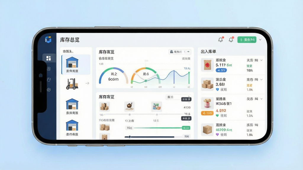 一张手机屏幕展示多仓库出入库软件主界面,画面中央为库存总览仪表盘,左侧显示多个仓库图标,右侧为出入库单据列表,背景为简洁的浅蓝色渐变,排版清晰,风格为现代扁平化UI设计,细节包括商品缩略图与数字标签,画质高清,干净,无多余元素