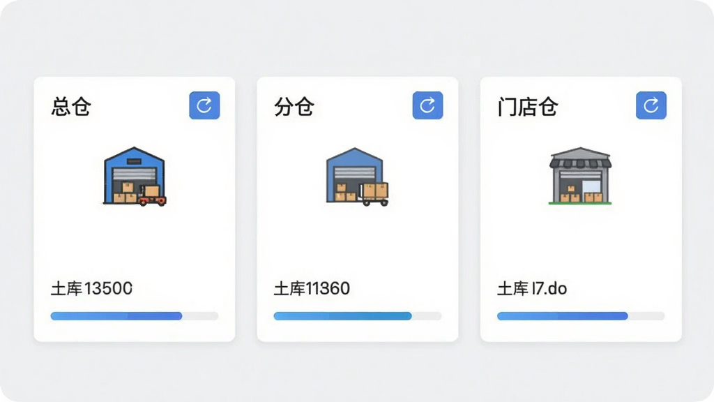 一幅展示多仓库出入库软件多仓库管理功能的界面图,画面中并排显示三个仓库卡片,分别标注“总仓”“分仓”“门店仓”,每个卡片下方有库存数字和进度条,背景为淡灰色,排版整齐,风格为简约商务风,细节包括仓库图标与刷新按钮,画质清晰,干净,无多余元素
