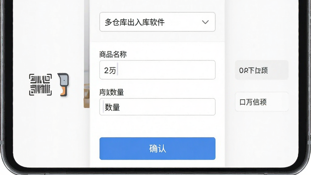 多仓库出入库软件出入库登记界面,画面中心为一张正在填写的入库单,上方有仓库选择下拉框,中间为商品名称与数量输入框,底部为确认按钮,背景为白色,排版紧凑,风格为现代移动端UI,细节包括扫码图标与日期标签,画质高清,干净,无多余元素