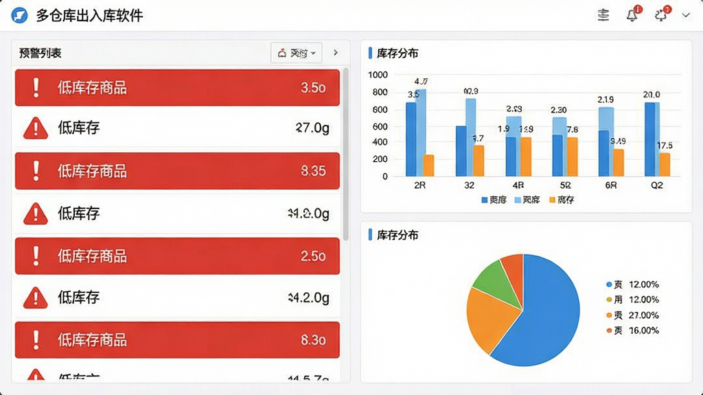 多仓库出入库软件库存预警与报表界面,画面左侧为预警列表,红色感叹号标注低库存商品,右侧为柱状图与饼图展示库存分布,背景为白色,排版对称,风格为数据可视化仪表盘,细节包括数字标签与图例,画质清晰,干净,无多余元素