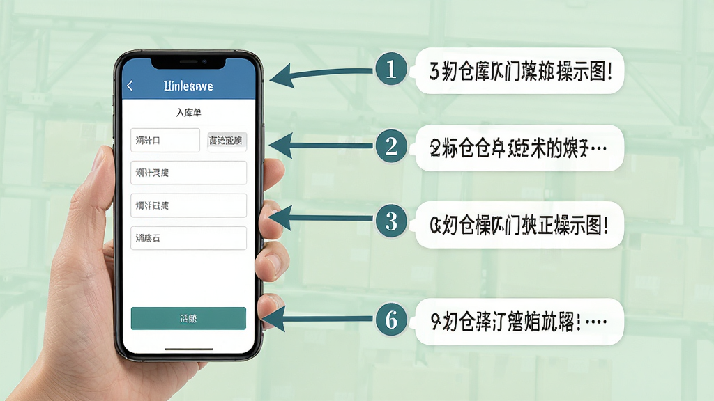 多仓库出入库软件新手操作示意图,画面中一只手拿着手机,屏幕上显示入库单填写界面,旁边有箭头标注各个输入框和按钮,背景为浅绿色,排版清晰,风格为教程图解,细节包括步骤数字与提示气泡,画质高清,干净,无多余元素