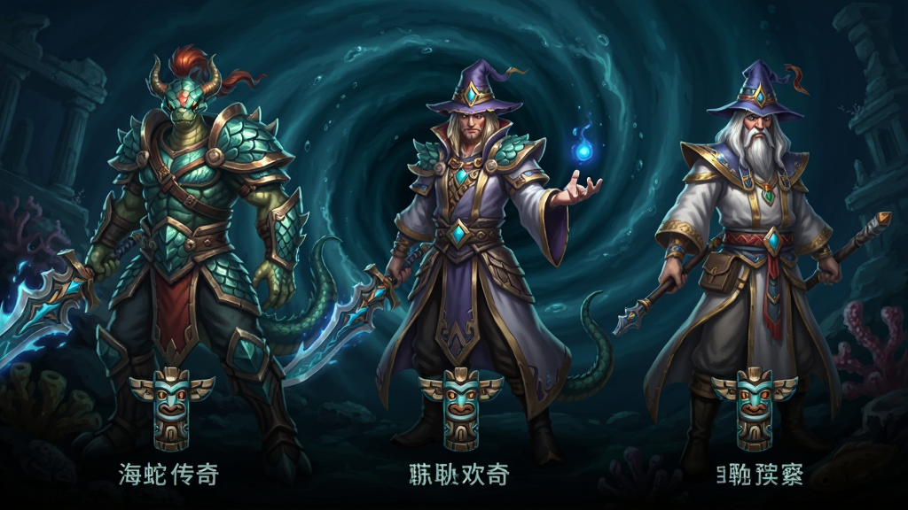 海蛇传奇(欢乐版)三职业选择界面预览图,主体为战士法师道士三个角色并排站立,布局采用横向排列,排版下方显示职业名称与海蛇图腾,风格为暗黑奇幻游戏原画,细节包含角色身上的海蛇鳞片铠甲、发光武器、背景的深海漩涡,画质清晰,干净,无多余元素