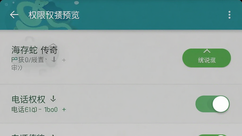 海蛇传奇(欢乐版)手机权限设置界面预览图,主体为安卓系统设置页面显示应用权限列表,布局采用纵向排列,排版突出存储与电话权限开关,风格为原生安卓UI截图,细节包含权限名称与允许按钮,画质清晰,干净,无多余元素