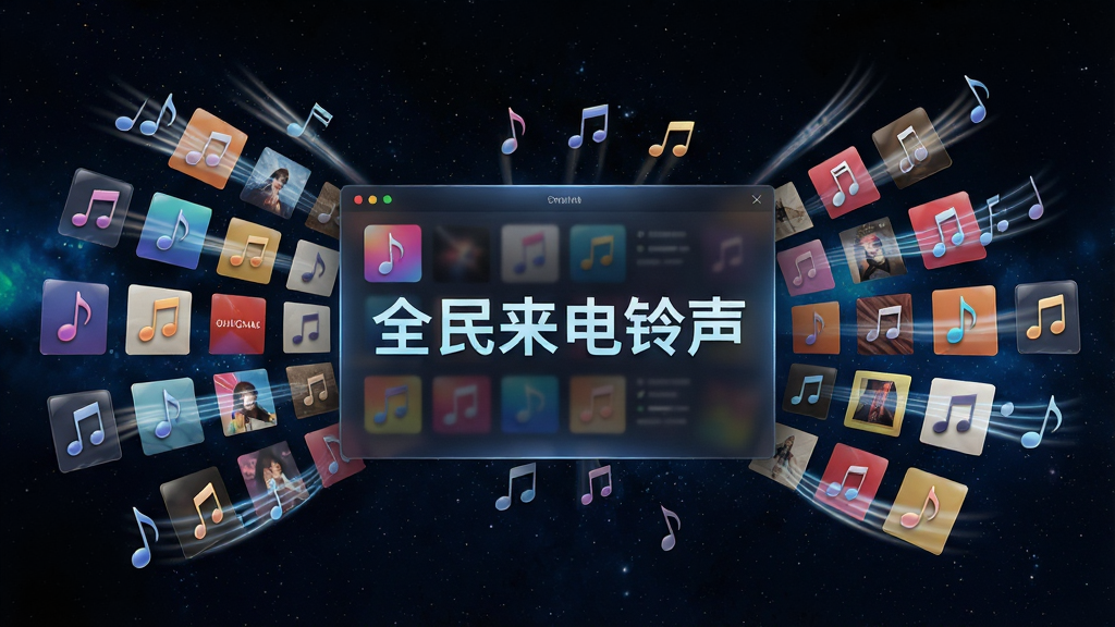 一个悬浮在空中的巨大音乐库界面,界面中排列着无数彩色专辑封面和音符图标,画面主体为音乐库面板,布局为面板居中向四周延展,排版为放射状扩散结构,风格为未来科技感与音乐元素融合,细节包括封面有反光质感、音符有动态拖尾、背景为深色星空,画质高清干净无多余元素,画面中打文字“全民来电铃声”
