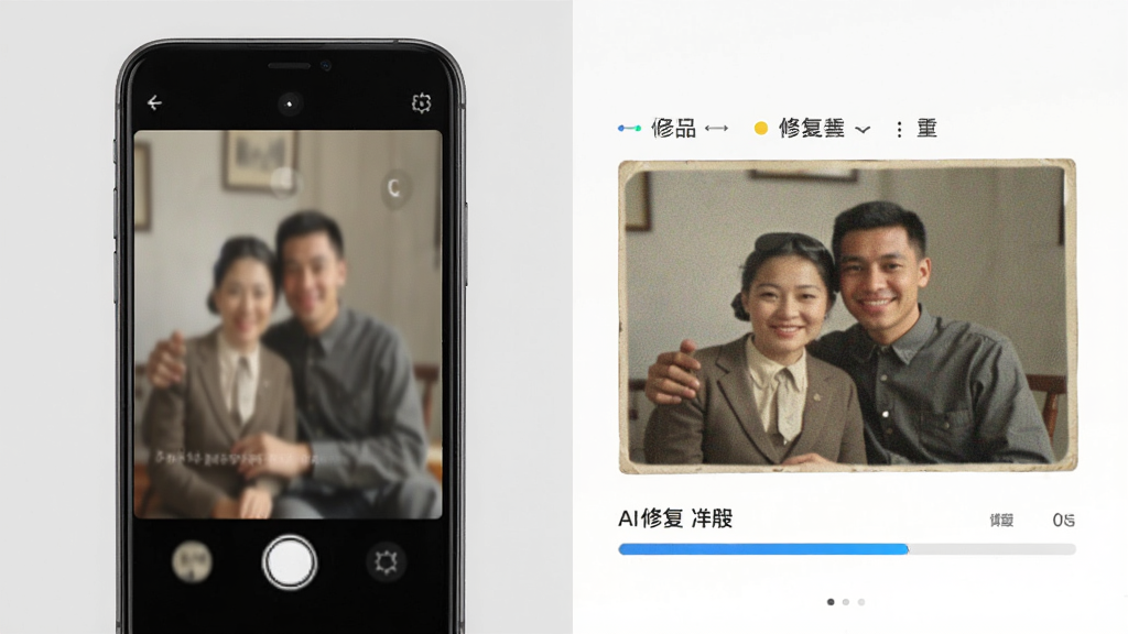 手机修图全能大师修复功能演示图,主体为手机屏幕中一张模糊老照片经过修复后变得清晰,布局左右对比,排版简洁,风格写实,细节包含修复前后的画质差异、AI修复进度条,画质高清,干净,无多余元素