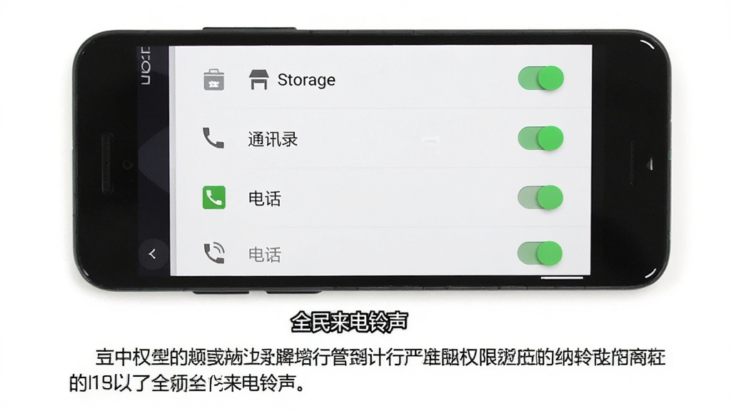 一部安卓手机显示权限管理界面,界面中有存储、通讯录、电话三个权限开关,画面主体为手机和权限开关,布局为手机居中、权限条目纵向排列,排版为上下结构上方为手机下方为说明文字,风格为系统设置界面的简洁风格,细节包括开关有绿色高亮、条目有图标、背景为白色,画质高清干净无多余元素,画面中打文字“全民来电铃声”