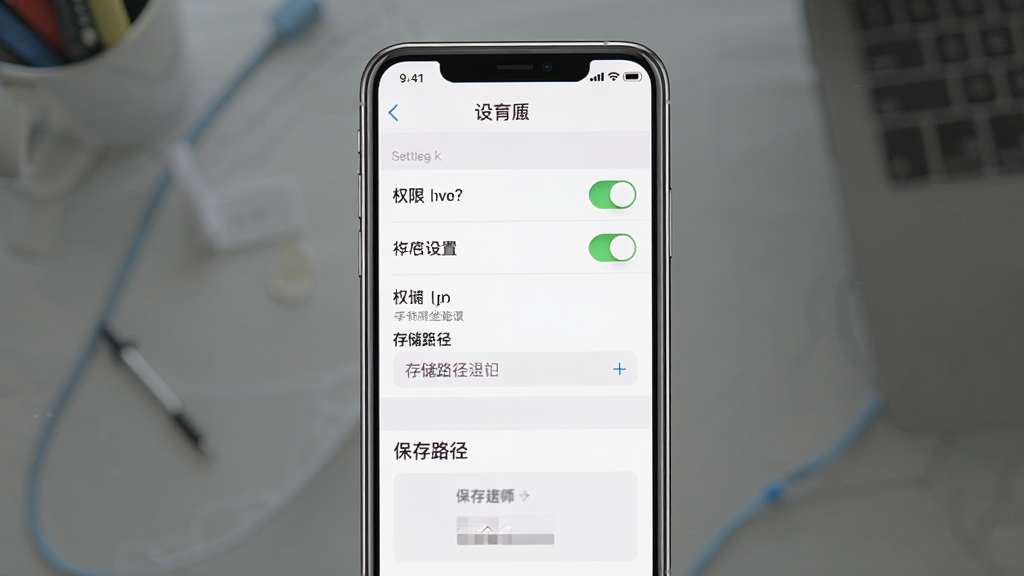 手机修图全能大师使用教程示意图,主体为手机屏幕中显示权限设置与保存路径选项,布局为设置菜单列表,排版清晰,风格简洁,细节包含权限开关、存储路径选择,画质高清,干净,无多余元素