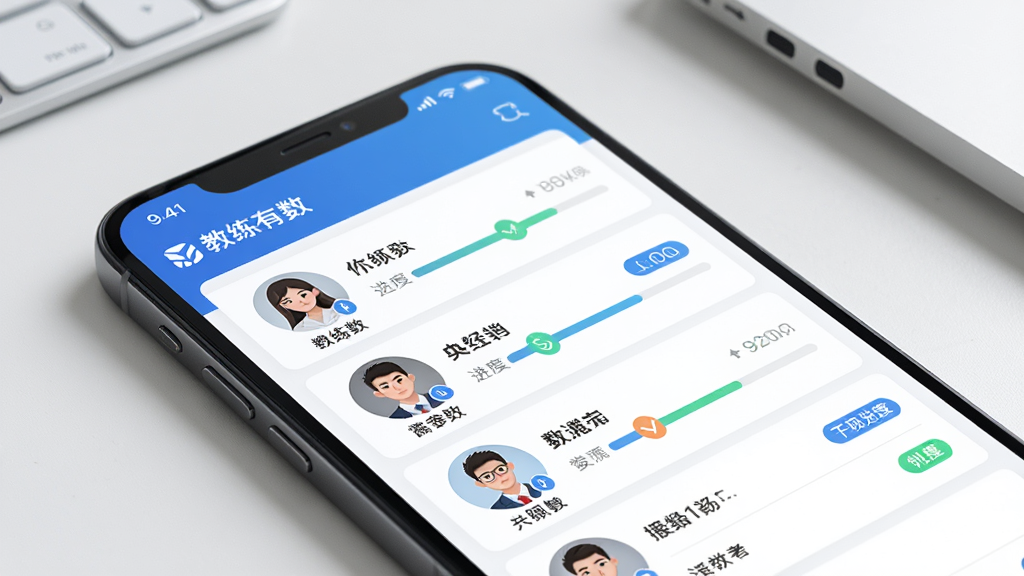 一部智能手机特写,屏幕上展示“教练有数”软件的学员档案管理界面,界面中有多个学员头像和姓名列表,旁边配有数字化的进度条和标签,背景为简洁的办公桌面,风格现代商务,细节清晰,画质干净,无多余元素