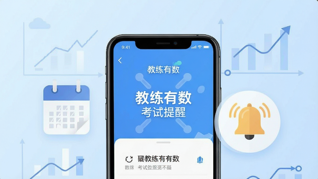 一张信息图表风格的图片,画面中有一部手机显示“教练有数”的考试提醒界面,旁边有日历图标和铃铛图标,背景是浅蓝色渐变,图表线条简洁,风格清爽,细节清晰,画质干净,无多余元素