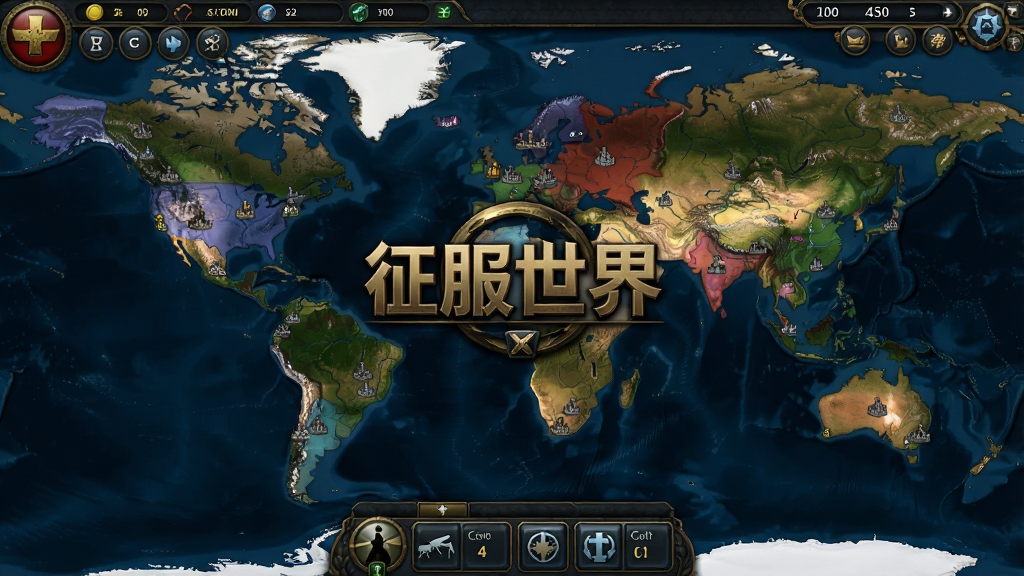 一张以世界地图为背景的策略游戏主界面截图,画面中央是征服世界游戏标志,周围分布着不同颜色的势力区域和城市图标,顶部显示资源栏与等级信息,底部有军队与科技按钮,整体风格写实偏军事,色调以深蓝与暗金为主,细节清晰,画质干净,无多余元素