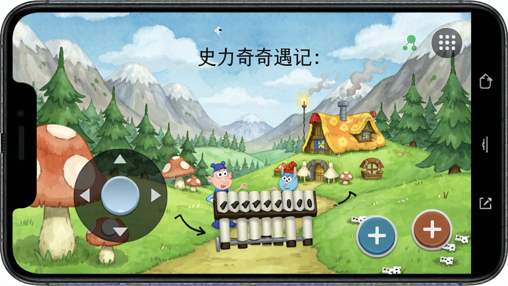 史力奇奇遇记: 姆明山谷之歌手机操作界面示意图,展示安卓手机屏幕上虚拟摇杆与口琴按钮布局,背景是游戏内的山谷场景,画面清晰,标注简洁,水彩风格,无多余文字,高清画质