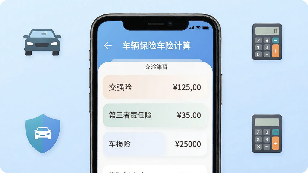 一款名为“车辆保险车险计算”的手机应用界面展示,画面中央是手机屏幕,屏幕内显示车险保费估算结果页面,包含交强险、第三者责任险、车损险等条目和金额数字,背景为简洁的浅蓝色渐变,周围环绕汽车、盾牌、计算器图标元素,整体布局居中对称,风格现代扁平化,细节清晰,画质干净,无多余元素