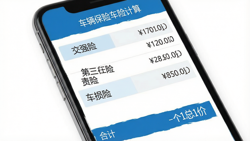手机屏幕显示“车辆保险车险计算”应用的保费明细页面,表格中列出交强险、第三者责任险、车损险等项目名称和对应金额,底部显示合计总价,页面配色为白底蓝字,顶部有软件名称“车辆保险车险计算”的标题栏,整体布局清晰,风格商务简洁,细节精致,画质干净,无多余元素