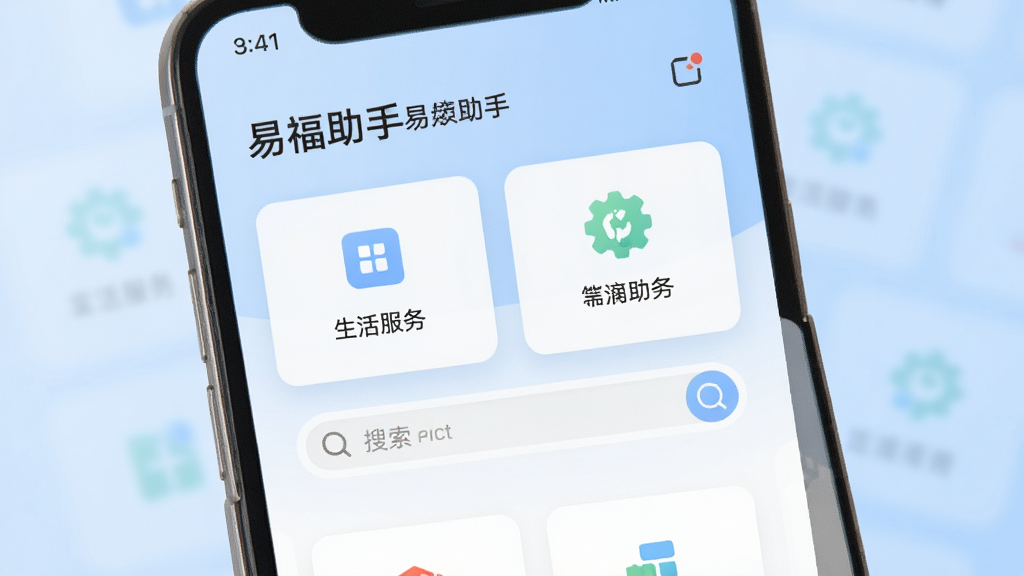 一张展示“易福助手”软件主界面的手机屏幕截图,画面中央是简洁的卡片式功能布局,包含生活服务图标和搜索栏,背景为柔和的浅蓝色渐变,风格清新现代,细节清晰,画质干净,无多余元素