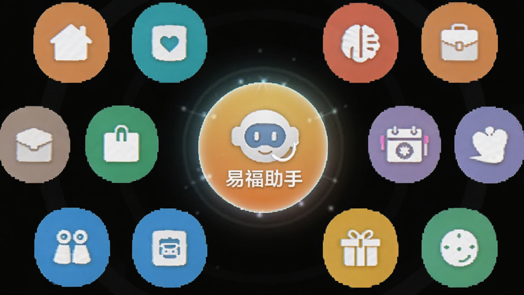 一幅展示“易福助手”软件功能聚合概念的插画,画面中央是一个发光的圆形图标,周围环绕着代表不同生活服务的小图标,采用扁平化设计风格,色彩明亮,构图均衡,画质干净,无多余元素