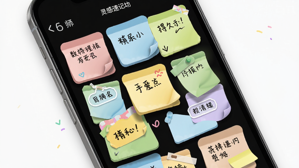 Story Pad 灵感速记功能界面,主体为手机屏幕显示彩色便签卡片墙,每张卡片上有简短文字和标签,布局错落有致,排版活泼,风格清新明快,细节上卡片带有柔和阴影和圆角,画质高清,干净,无多余元素