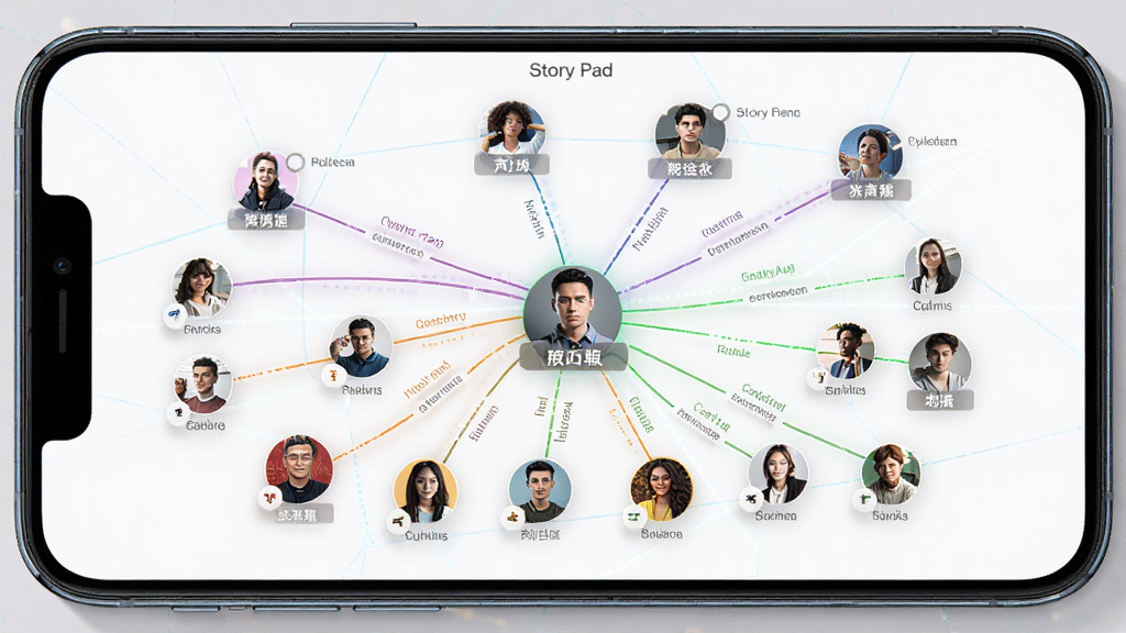 Story Pad 人物关系图谱界面,主体为手机屏幕显示节点连线图,节点为圆形头像和名字,布局网状发散,排版清晰,风格科技感与文艺感结合,细节上连线有不同颜色区分关系类型,画质高清,干净,无多余元素
