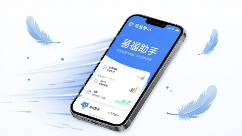 一张表现“易福助手”软件流畅运行概念的数字插画,画面中一部手机屏幕显示软件界面,周围有速度线条和轻盈的羽毛元素,象征轻量快速,风格简约科技感,画质干净,无多余元素