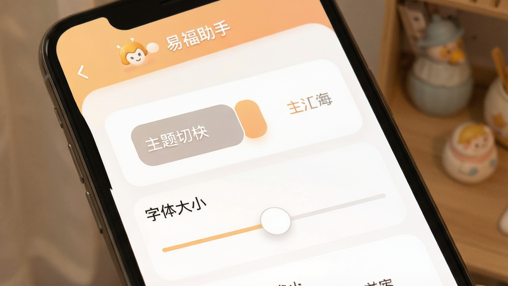 一张展示“易福助手”个性化设置界面的手机截图,画面中可以看到主题切换选项和字体大小调节滑块,界面风格温馨柔和,布局清晰,画质干净,无多余元素