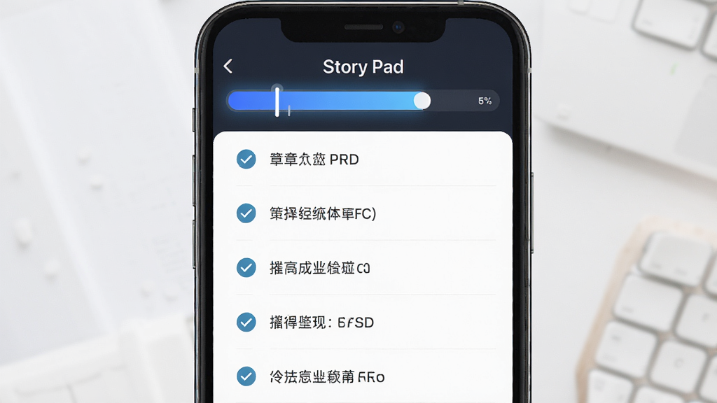 Story Pad 章节大纲与进度追踪界面,主体为手机屏幕显示纵向章节列表和顶部进度条,布局上下结构,排版规整,风格简约商务,细节上进度条为渐变蓝色,章节前有对勾标记,画质高清,干净,无多余元素