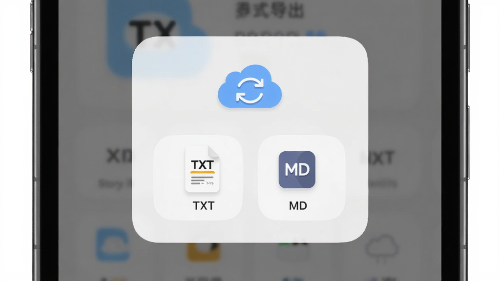 Story Pad 多格式导出与云端备份界面,主体为手机屏幕显示导出格式选项和云朵图标,布局居中弹窗样式,排版简洁,风格柔和圆角,细节上选项有TXT和MD图标,云朵带有同步箭头,画质高清,干净,无多余元素
