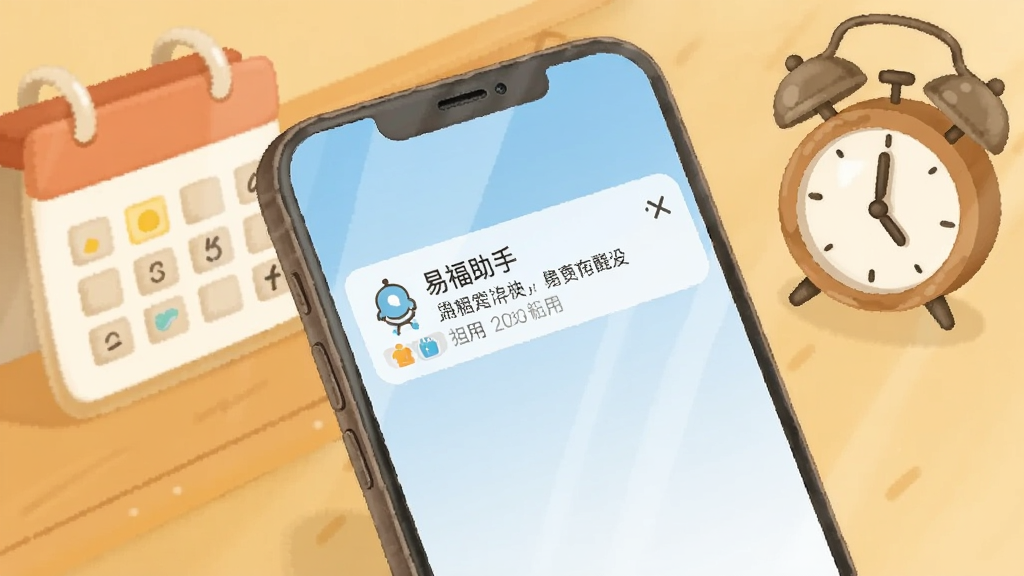 一幅描绘“易福助手”提醒功能的场景插画,画面中一部手机弹出日程提醒通知,旁边有日历和闹钟图标,采用温暖的生活化风格,画质干净,无多余元素