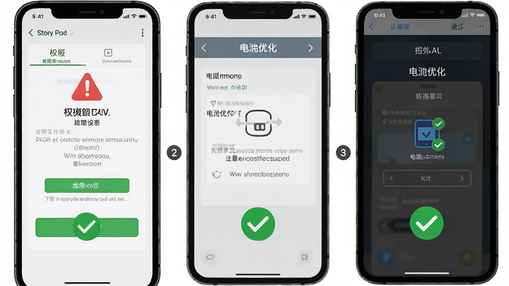 Story Pad 新手使用注意事项示意图,主体为手机屏幕显示设置权限和电池优化界面,布局分步展示,排版清晰,风格扁平化图标,细节上有红色警示标志和绿色对勾,画质高清,干净,无多余元素