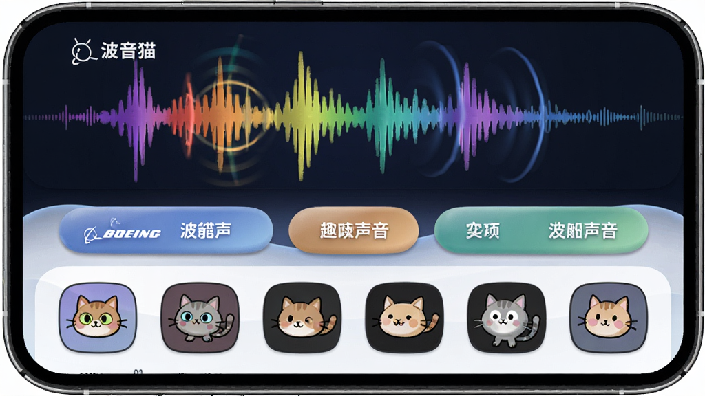 波音猫趣味变声功能展示图,主体为手机屏幕中显示声波图形与多个变声选项按钮,布局为上下结构,上方为声波可视化动效,下方为变声风格图标列表,排版整齐,风格为科技感与卡通结合,细节包含彩色声波、圆角按钮、