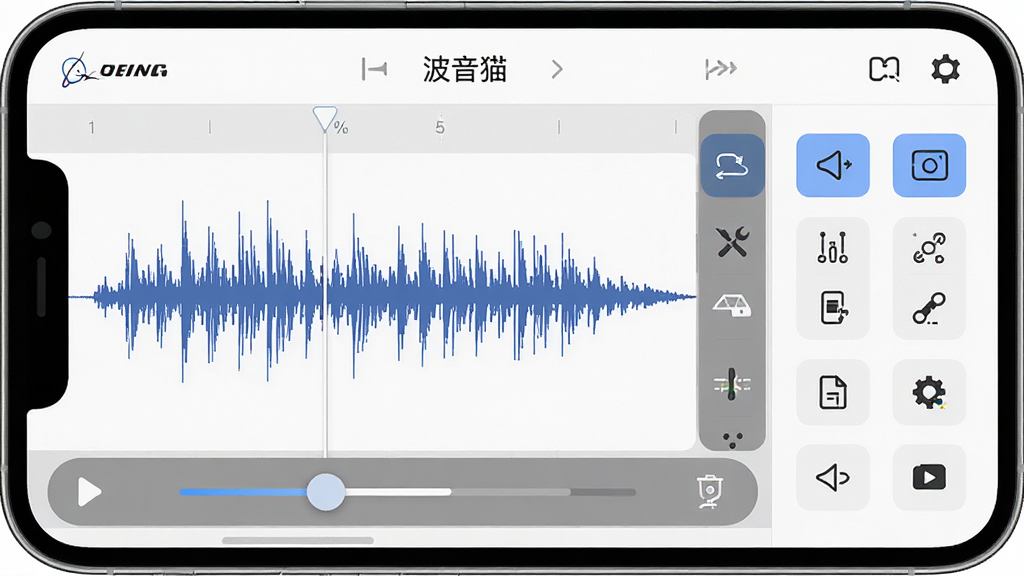波音猫音频剪辑与生活工具界面图,主体为手机应用中的音频波形编辑界面与工具图标,布局为左右分栏,左侧为音频波形,右侧为功能按钮,排版清晰,风格为现代简约,细节包含