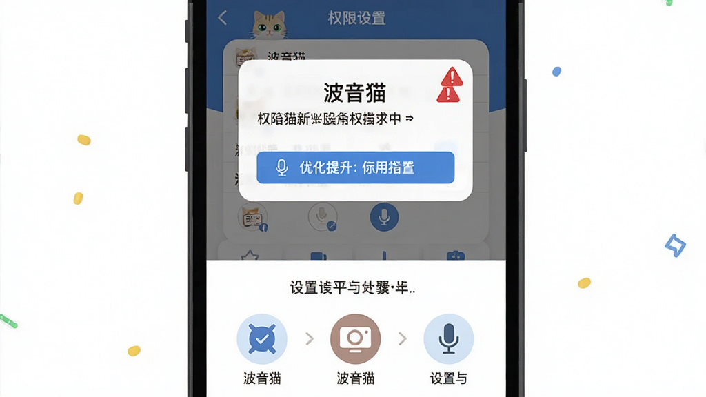 波音猫新手使用指南示意图,主体为手机屏幕显示权限设置与麦克风图标,布局为上下结构,上方为权限授权弹窗,下方为设置步骤图标,排版直观,风格为扁平化教学风格,细节包含