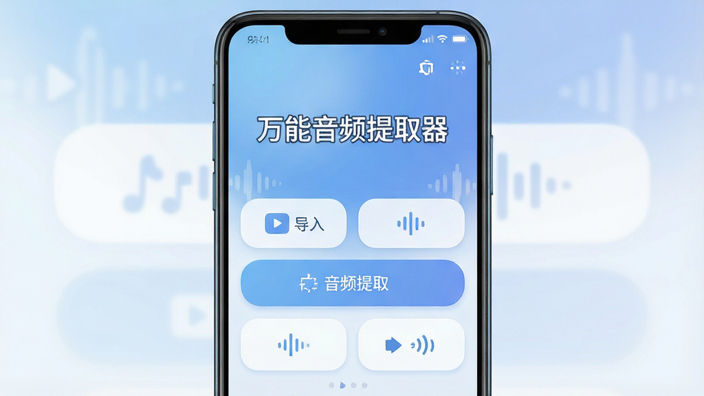 一张展示万能音频提取器软件界面的图片,主体为安卓手机屏幕,屏幕中央展示软件主界面,界面上有'万能音频提取器'文字标题,下方排列着视频导入、音频提取、格式选择等功能按钮,布局简洁清晰,排版为竖版手机界面展示,风格为现代科技感UI设计,细节包括柔和的蓝色渐变背景、圆角按钮、音频波形图标装饰,画质高清,干净,无多余元素