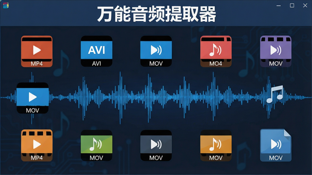 一张展示万能音频提取器多格式支持功能的图片,主体为软件功能界面,布局为中央显示多种视频格式图标环绕音频波形,排版为横向展示,风格为扁平化科技风格,细节包括MP4、AVI、MOV等格式标识、蓝色音频波纹、软件名称'万能音频提取器'显示在顶部,画质高清,干净,无多余元素