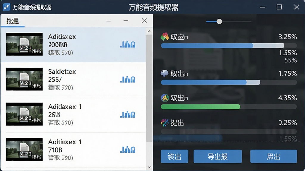 一张展示万能音频提取器批量处理功能的图片,主体为软件操作界面,布局为左侧显示多个视频文件列表右侧显示提取进度条,排版为分栏式布局,风格为简洁商务风格,细节包括文件缩略图、进度百分比、导出按钮、软件名称'万能音频提取器',画质高清,干净,无多余元素