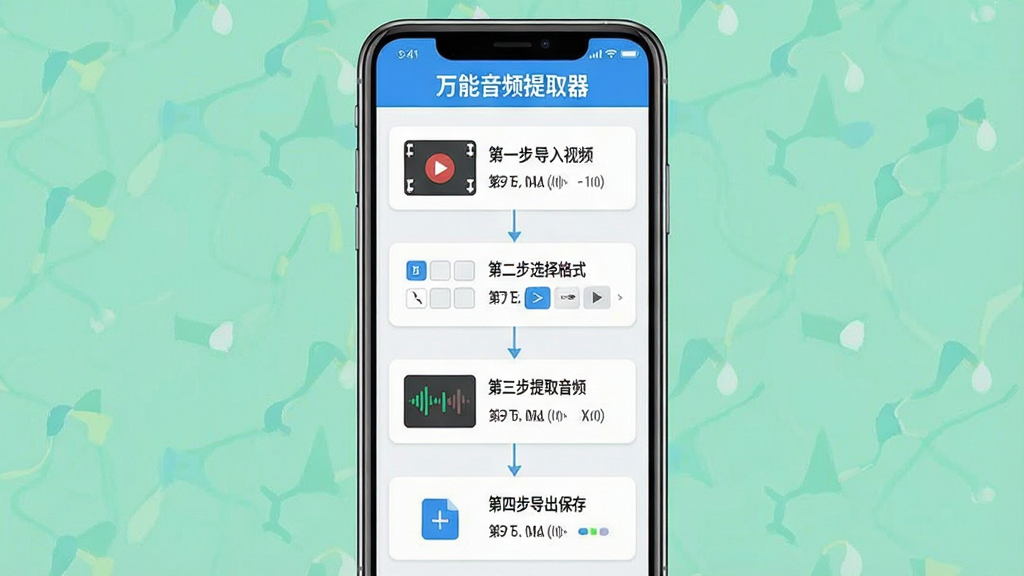 一张展示万能音频提取器操作教程的图片,主体为手机屏幕显示软件操作步骤,布局为从上到下的步骤流程,排版为竖版教程图,风格为清新扁平化设计,细节包括第一步导入视频、第二步选择格式、第三步提取音频、第四步导出保存,软件名称'万能音频提取器'显示在顶部,画质高清,干净,无多余元素