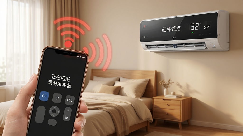 һ��չʾ����ң��APP����ƥ�书�ܵĳ���ͼ��������һ���ֻ������ſյ����ֻ���Ļ��ʾ������ƥ�䣬���׼����������ʾ���ֻ������к����źŲ��Ʒ������յ��������ʾ�¶ȱ仯������Ϊ���һ������д��ʹ�ͷ��������Ϊдʵ�Ƽ��磬ɫ����ů��ϸ�����������ʸ��壬����ɾ����޶���Ԫ�أ�ͼƬ������Ϊ������ң�ء�