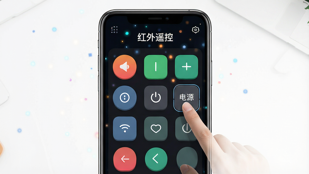 һ��չʾ����ң��APP�Զ���ң�����༭����Ľ�ͼ�������������ֻ���Ļ����Ļ����ʾ��һ������ק�İ����༭��壬�и�����״�İ�ť��Բ�Ρ����Σ��û����ڽ�����Դ����ť�ϵ�����λ�ã�������Ϊ��ɫ���⣬�Ƽ���ǿ��������΢������Ч����������ΪUIչʾ�磬ɫ�ʶԱ�������ϸ�����������ʸ��壬����ɾ����޶���Ԫ�أ�ͼƬ������Ϊ������ң�ء�