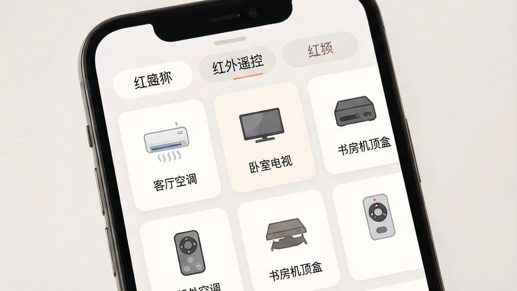 һ��չʾ����ң��APP���豸��������Ľ�ͼ�������������ֻ���Ļ����Ļ����ʾ�Ŷ��ң������Ƭ��ÿ����Ƭ���е���ͼ������ƣ��硰�����յ��������ҵ��ӡ����鷿�����С�����Ƭ�������룬�����з����ǩ��������Ϊ��Ƭʽ��ƣ�ǳɫ������������ΪUIչʾ�磬ɫ����ͣ�ϸ�����������ʸ��壬����ɾ����޶���Ԫ�أ�ͼƬ������Ϊ������ң�ء�