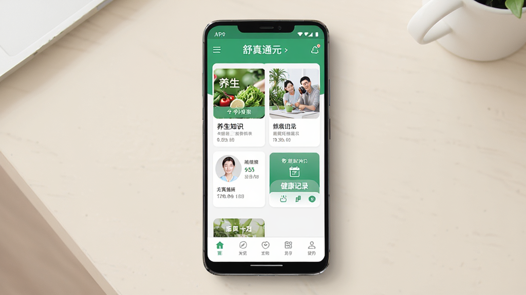 一张展示舒真通元手机应用主界面的效果图,画面中央是一部安卓手机,屏幕显示舒真通元APP的首页,包含养生知识卡片、健康记录入口和底部导航栏,背景为干净的浅色桌面,风格简洁清爽,细节清晰,画质高清,无多余元素