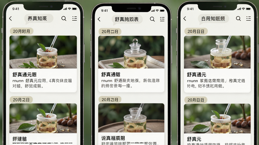 舒真通元应用内养生知识列表页面截图,手机屏幕显示多条养生文章卡片,每张卡片配有标题和简短摘要,顶部有日期标签,整体排版清晰,风格清新自然,画面干净,画质高清