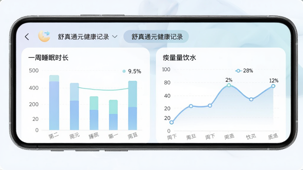 舒真通元健康记录页面效果图,手机屏幕显示一周睡眠时长柱状图和饮水量折线图,数据可视化清晰,配色柔和,界面布局合理,整体干净整洁,画质高清