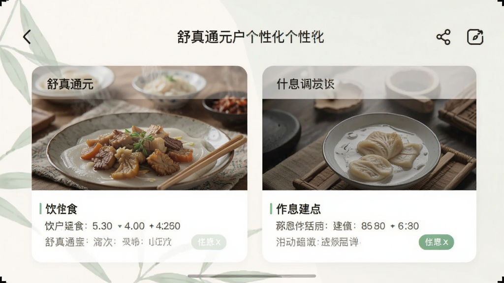 舒真通元个性化建议页面截图,手机屏幕显示针对用户定制的调理建议卡片,包含饮食和作息两个板块,文字排版舒适,背景为淡雅色调,整体画面干净,画质清晰