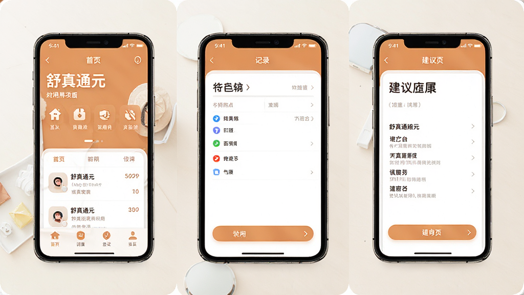 舒真通元应用整体界面展示图,多部手机并排显示不同功能页面,包括首页、记录页和建议页,界面风格统一,字体清晰醒目,配色温和,布局简洁,画质高清,无杂乱元素
