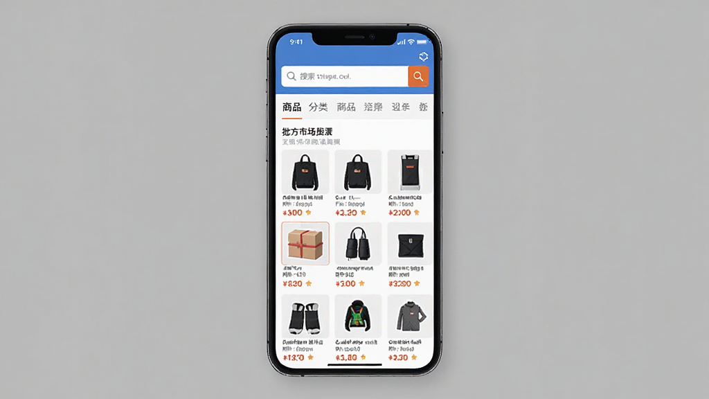 义乌批发购物进货网软件主界面展示,手机屏幕中显示商品分类导航与批发市场货源列表,主体为一部居中摆放的智能手机,布局上方为搜索框下方为商品网格,排版简洁清晰,风格为现代扁平化UI设计,细节包含商品缩略图、价格标签与起批量数字,画质高清干净无多余元素