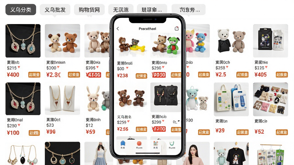 义乌批发购物进货网商品列表页面,画面中央为手机屏幕显示密集的商品网格,每个商品带有缩略图、价格和起批量标签,主体突出手机与货源信息,布局采用上下结构上方为分类选项卡下方为商品瀑布流,风格为电商类APP界面写实风格,细节包含饰品玩具日用百货等不同品类缩略图,画质清晰干净无多余元素