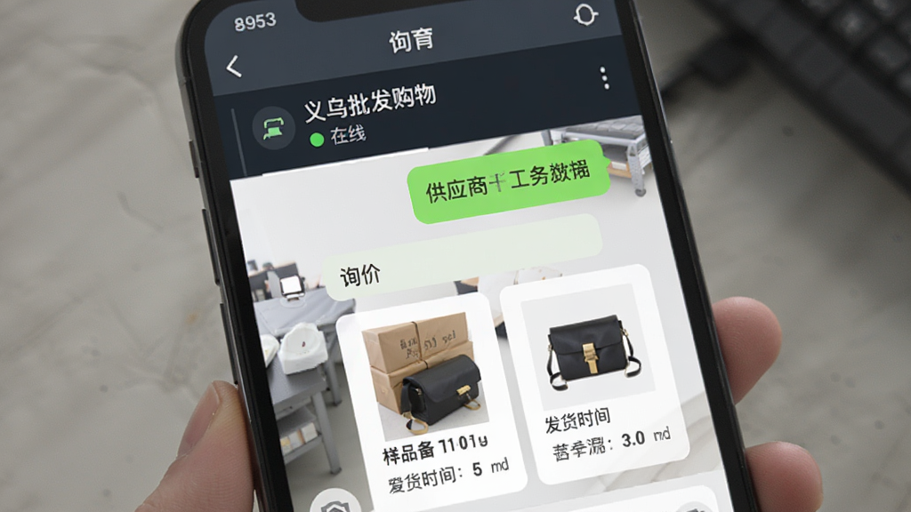 义乌批发购物进货网供应商沟通界面,画面主体为手机屏幕展示聊天窗口与商品卡片,布局上方为供应商名称与在线状态下方为对话气泡与商品缩略图,风格为即时通讯类应用界面,细节包含询价文字、样品图片与发货时间说明,画质高清干净无多余元素