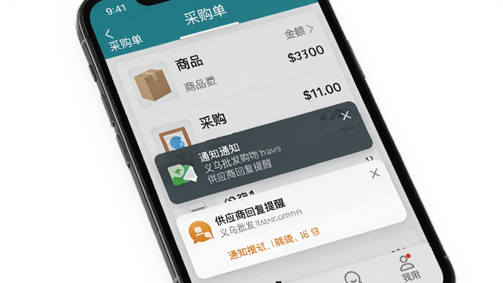 义乌批发购物进货网手机端操作界面,画面主体为一部手机展示采购单页面与消息通知弹窗,布局上方为采购单列表下方为通知提示,风格为实用工具类APP界面,细节包含商品数量、金额汇总与供应商回复提醒,画质高清干净无多余元素