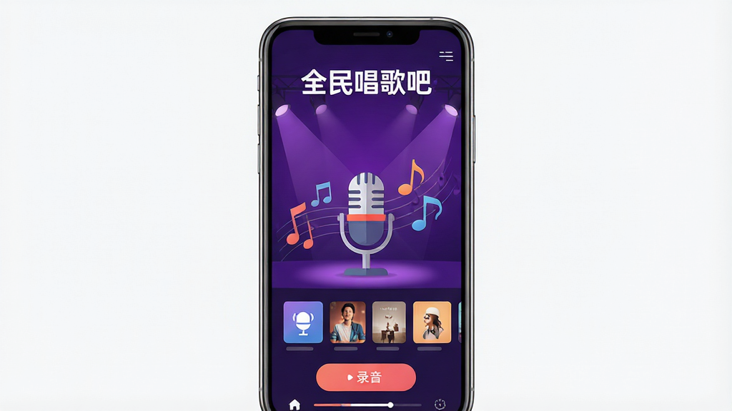 手机屏幕竖版界面,中央显示“全民唱歌吧”软件主页面,背景为深紫色渐变舞台灯光效果,前景有麦克风图标和音符元素,布局上标题在顶部,功能按钮排列在下方,风格为现代扁平化UI设计,细节包括歌曲封面卡片和录音按钮,画质高清,干净,无多余元素