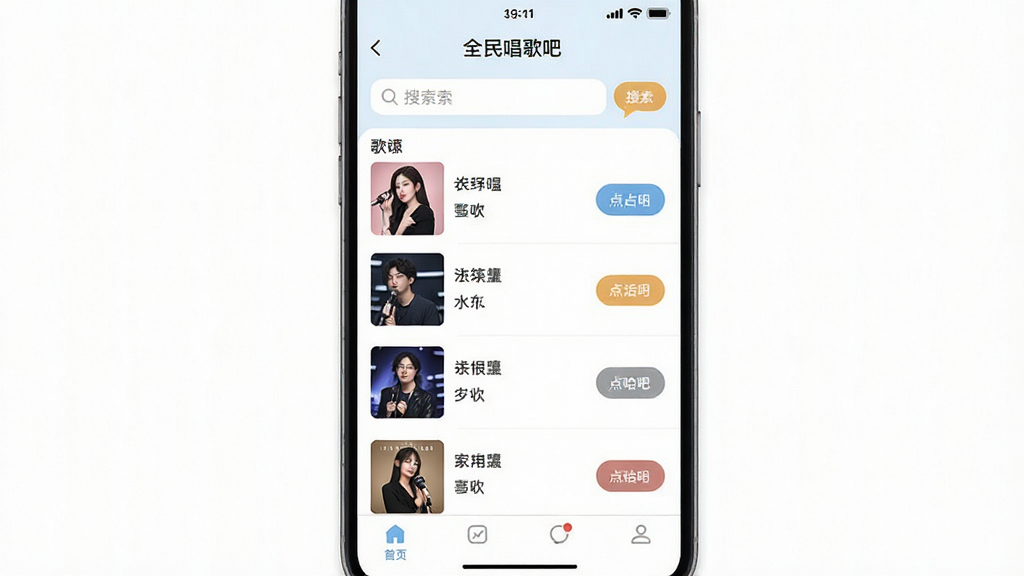 手机应用界面截图风格,画面中央展示“全民唱歌吧”歌曲搜索页面,布局为顶部搜索框、中部歌曲列表、底部导航栏,风格清新简洁,细节包括歌曲封面缩略图、歌手名、点唱按钮,画质清晰,干净,无多余元素