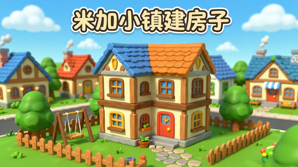 画面主体是一个卡通风格的虚拟小镇建筑场景,布局采用中心透视构图,前景展示一栋正在建造中的两层小别墅,周围有绿树和栅栏,背景是蓝天白云和其他风格各异的房屋。排版上软件名称“米加小镇建房子”以圆润可爱的字体出现在画面顶部中央。风格为清新明快的3D卡通渲染,细节包括彩色屋顶、明亮的窗户、花园里的秋千和铺石小路。画质高清,色彩鲜艳干净,画面无多余杂乱元素。